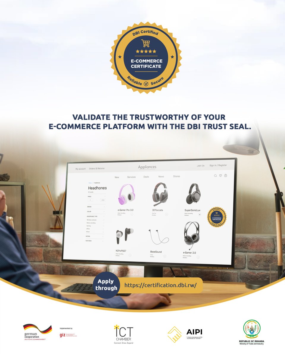 Give your customers a symbol of trust by acquiring the DBI Trust seal for your E-commerce platform now. 

Apply through: certification.dbi.rw 

#Tekanaturizewe #TrustSeal #Ecommercebusiness #Rwanda