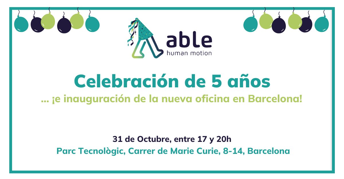 Estamos muy contentos de invitaros a uno de los eventos más relevantes de ABLE Human Motion. 🗓️31 de Octubre, entre las 17:00h y 20:00 h. 🏢 Parc Tecnològic, Carrer de Marie Curie, 8-14, Barcelona. 👉Confirme tu asistencia rellenando este formulario: forms.gle/zjATrT8jCDCkxt…