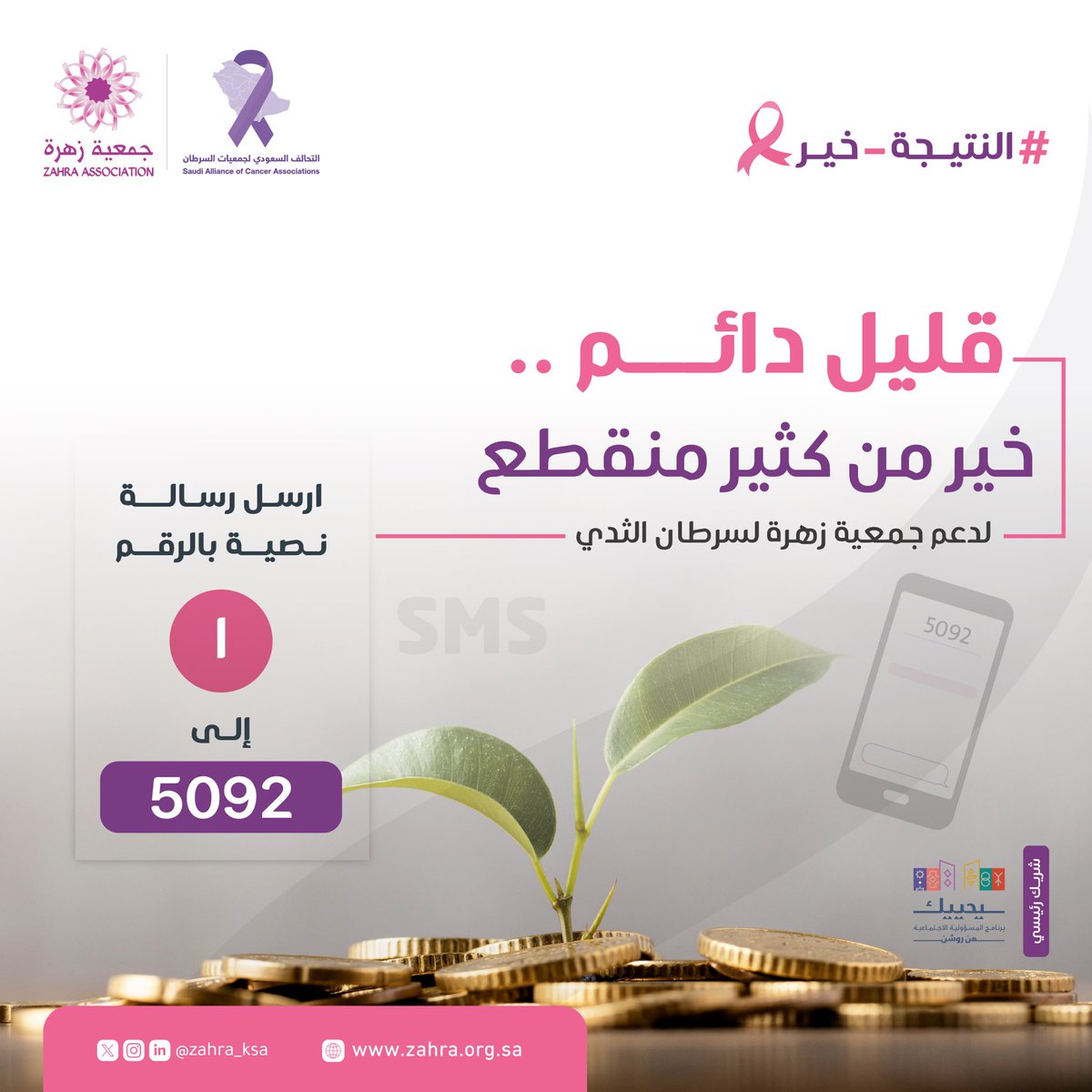 ساهم في دعم جمعية زهرة لسرطان الثدي عبر الرسائل النصية 🤳
 لأجلهم، يستمر الأثر ويُكتب الأجر..  
#النتيجة_خير 🌸