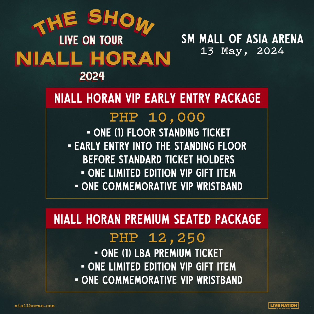 livenationph's tweet photo. Hold tight, get ready for the ride 🫶🏼 

This is it, Lovers! Seat map, VIP packages and ticket purchase guidelines are out!

Niall Horan: “The Show” Live On Tour
📆May 13, 2024
📍SM Mall of Asia Arena

Fanclub Presale: October 16, 3PM -11:59PM
LNPH Presale: October 17, 3PM - 11:59PM
General Onsale: October 18, 3PM

For more info, visit https://t.co/TFXFfjwHBP.

#NiallHoranInManila
#TheShowLiveOnTourPH