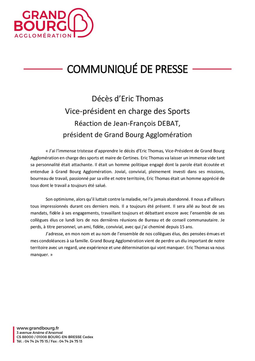 GrandBourgAgglo's tweet image. Grand Bourg Agglomération a la tristesse d'apprendre le décès d'Éric Thomas, notre Vice-président en charge des Sports : la réaction émue de notre Président @JFDebat