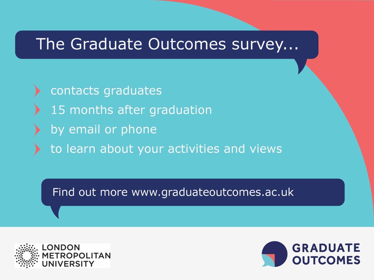 LondonMetUni's tweet photo. Make your voice count by taking the Graduates Outcomes survey! 🎓

You'll receive the survey 15 months after completing a course with us via email – be part of the picture of education today! 📚

@grad_outcomes

👉 https://t.co/KajDdqwgfU https://t.co/qHVtCnZ67m