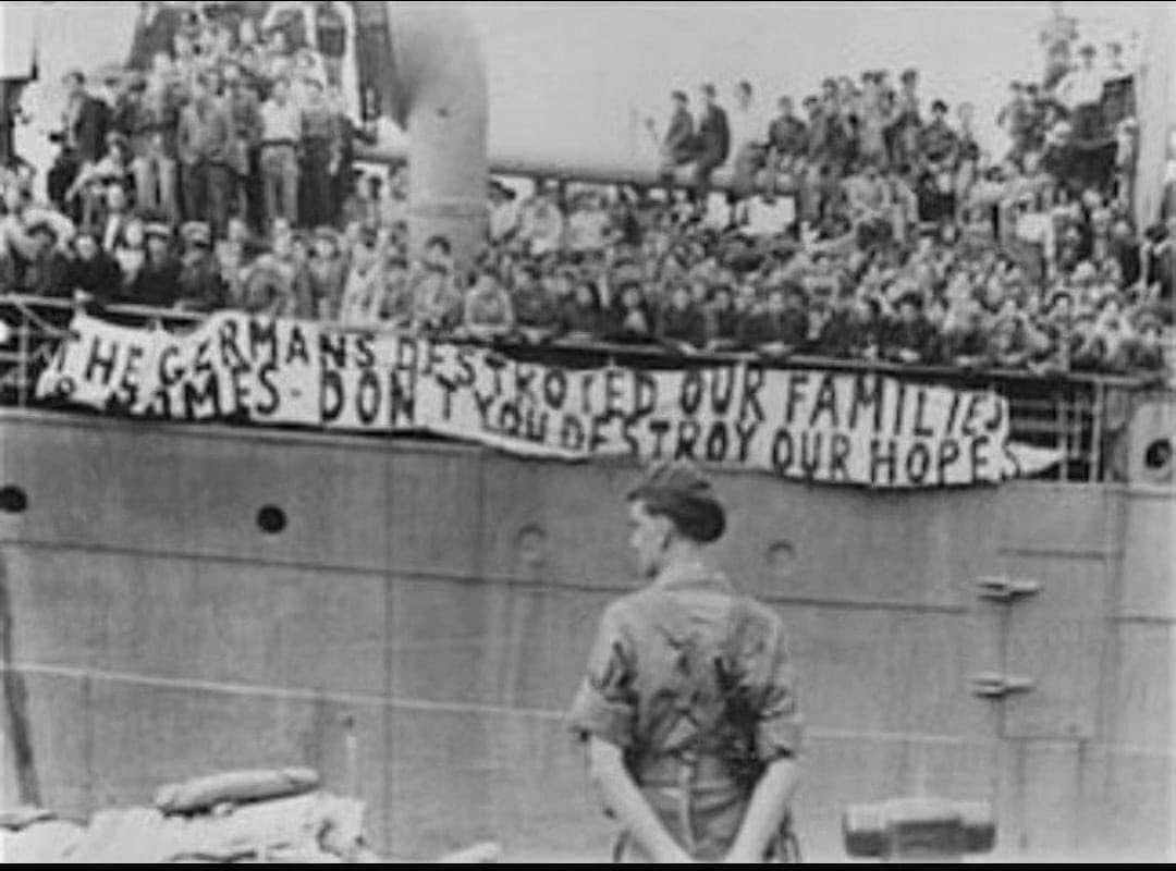 Jewish refugees just arrived Palestine at 1947. See the banner ' The German destroyed our families, please don't you destroyed our hopes.' Can you see the IRONY? The blatant gall of Israel , Palestine embraced Jewish refugees with open arms & Israel thanked Palestine with…