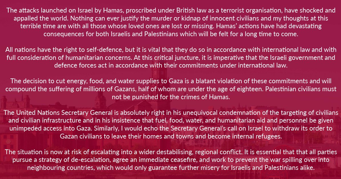 My statement on the current crisis in Israel and Palestine.