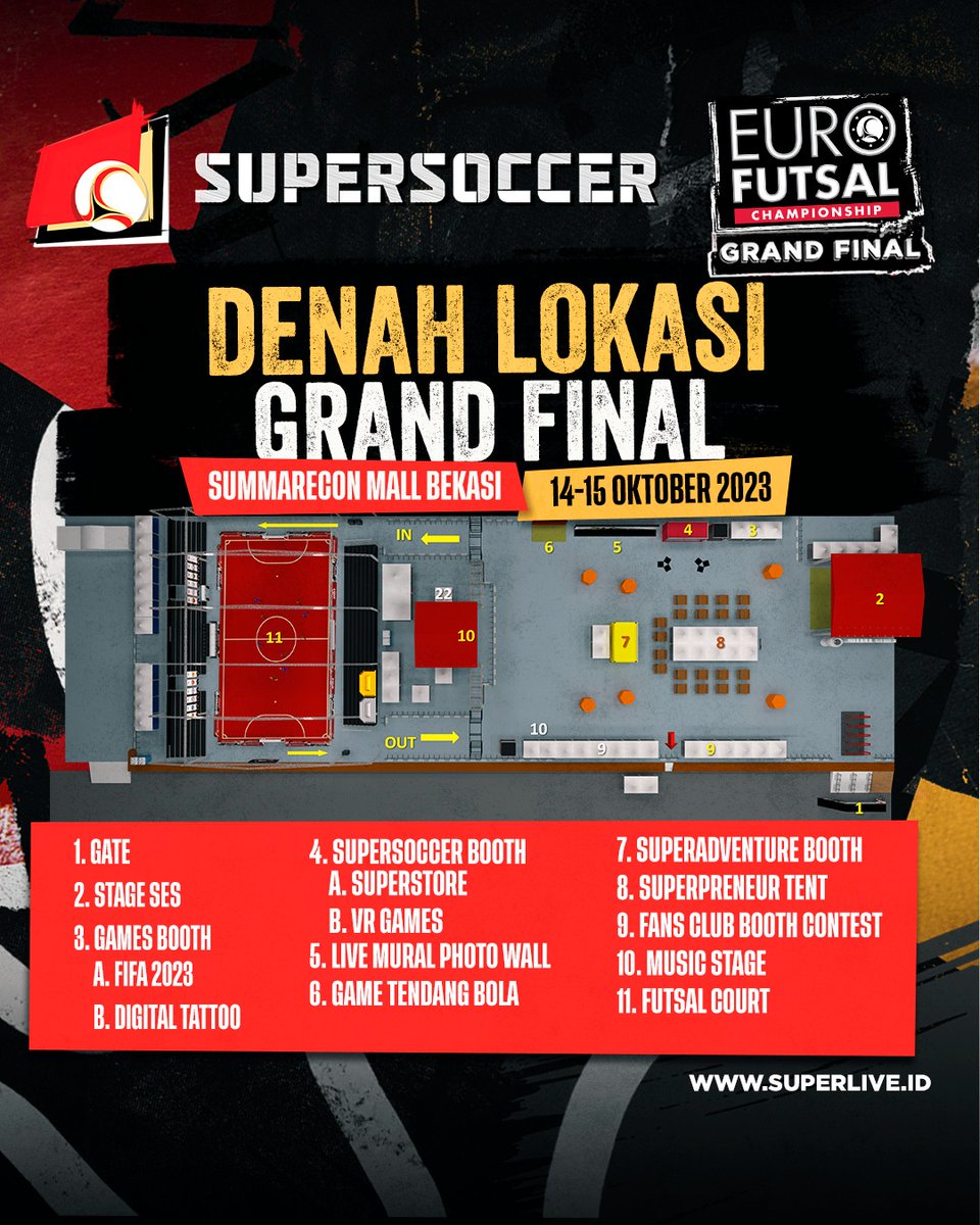 Biar gak kesasar, nih kita kasih sedikit gambaran perdenahan Grand Final Supersoccer Euro Futsal Championship.

Mau nonton futsal, musik, jajan-jajan, main games, semua bisaaa. Apa sih yang gak bisa?

#SUPERLIVE
#SUPERSOCCER
#INIRASANYASUPER
#EUROFUTSALCHAMPIONSHIP