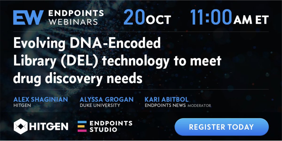 HitGenInc's tweet image. Learn how 500+ partners use HitGen's world leading DEL technology to accelerate drug discovery. Register here: webinars.endpts.com/evolving-dna-e…
