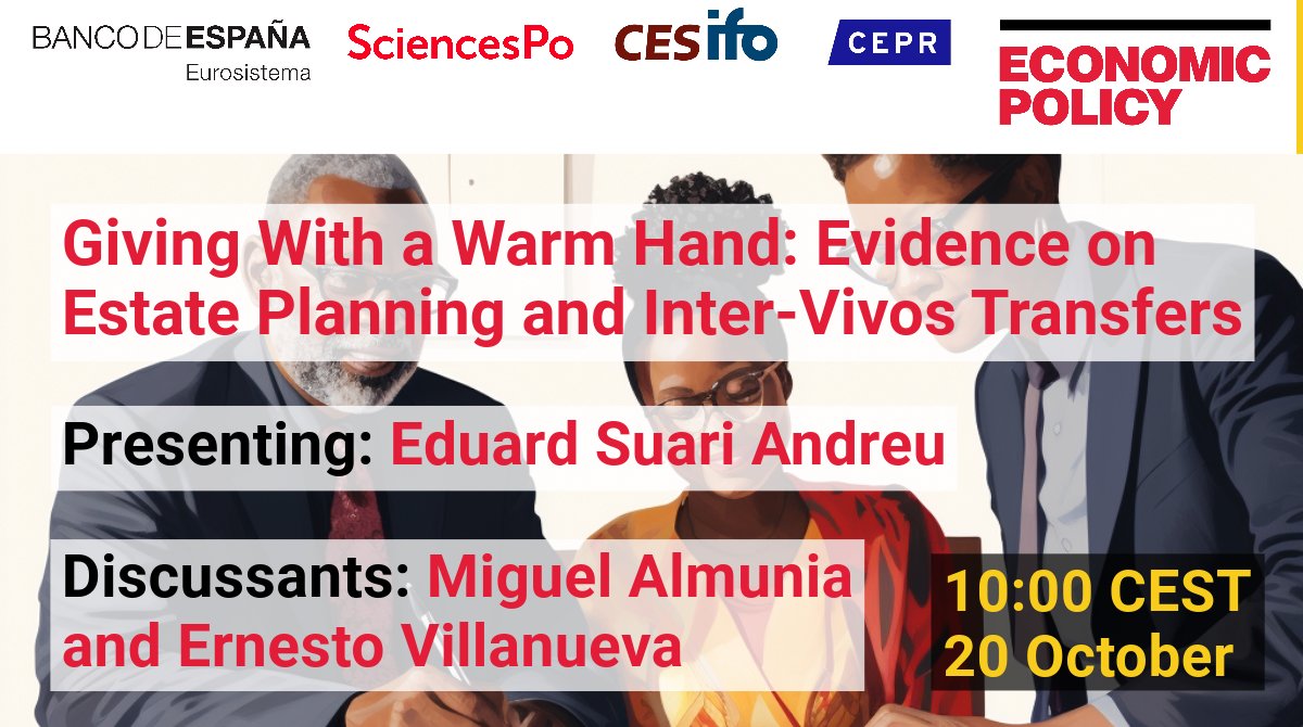 CEPR (@cepr_org) on Twitter photo 📢 Join <a href="/EduardSuari/">Eduard Suari-Andreu</a> <a href="/EconomicsLeiden/">EconomicsLeiden</a> for a presentation on 'Passing on wealth to loved ones in later life: Evidence from the Netherlands'
🗣️ Discussants: <a href="/miguel_almunia/">Miguel Almunia</a> <a href="/CUNEF/">CUNEF Universidad</a> & <a href="/ErnesVillanueva/">Ernesto Villanueva</a> <a href="/BancoDeEspana/">Banco de España</a>
🗓️20 Oct. 10:00 CEST #EP78
Read more: economic-policy.org/78th-economic-…
🧵👇 📢 Join <a href="/EduardSuari/">Eduard Suari-Andreu</a> <a href="/EconomicsLeiden/">EconomicsLeiden</a> for a presentation on 'Passing on wealth to loved ones in later life: Evidence from the Netherlands'
🗣️ Discussants: <a href="/miguel_almunia/">Miguel Almunia</a> <a href="/CUNEF/">CUNEF Universidad</a> & <a href="/ErnesVillanueva/">Ernesto Villanueva</a> <a href="/BancoDeEspana/">Banco de España</a>
🗓️20 Oct. 10:00 CEST #EP78
Read more: economic-policy.org/78th-economic-…
🧵👇