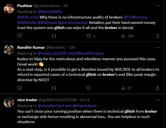 realmayankrai's tweet photo. When it's the broker's fault, don't let the BROKER GET AWAY!

3 years of trading, I was always under the impression that even though there's any technical glitch from broker's side, I will be the one to bear the losses. When this happens to others, some call it Cost of doing Business, others would rant on twitter and let it go.

Recently I came across a space by @BandiShreyas where he invited @trader_vij13292 to share his story of how he got a refund by relentlessly escalating his issue with Zerodha, SEBI, BSE & finally GRC. The issue here is the glitch which happened on 7th July, 2023 where traders, for short period of time, were unable to place orders or exit their positions on zerodha's trading terminal and the same issue had happened with zerodha one week prior as well.

You can listen to the full space here: https://t.co/GpcLYMCyPf , but in short, from what I understand @trader_vij13292 had conversations back and forth with Zerodha for atleast two weeks where Zerodha kept denying that it was their fault, then he escalated it to SEBI, who brought in BSE as an intermediary between him and Zerodha to get the issue resolved. Zerodha still didn't budge. Then a meeting with GRC (Grievance Redressal Committee) was set which went on for multiple hours and listening to both sides, GRC ordered Zerodha to refund @trader_vij13292 .

Why is there even a assumption that client will bear losses for broker glitches?
Problems like this are not confined just to Zerodha but with all brokers. They hide behind agreements and say "it was an opportunity loss not a notional loss".  Why does a broker have more clients than it can handle? Why did zerodha get the minimum bandwidth lease line when it has the largest number of traders? Why did zerodha didn't halt trading when it knew the bandwidth has not been increased?

I request SEBI to penalize brokers for such glitches where they have insufficient infrastructure, were negligent or had written faulty code and order them to refund clients' lost money in any such instances.

Don't let them play with our money.  Don't wait for technical breakdowns to make a dent in your trading career.

Requesting news channels to cover this :- @ActusDei @suchetadalal 

Please tag SEBI as much as possible.