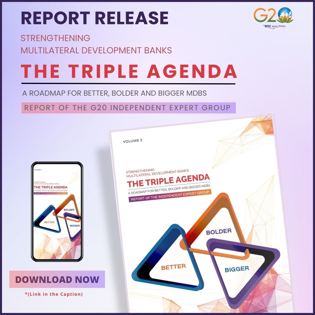 We are pleased to share the second volume of the G20 Independent Expert Group (IEG) report, 'The Triple Agenda: A Roadmap for Better, Bolder and Bigger MDBs.” ICRIER is privileged to serve as the Secretariat to the IEG. Download Report: rb.gy/b4jxj @g20org #MDBs