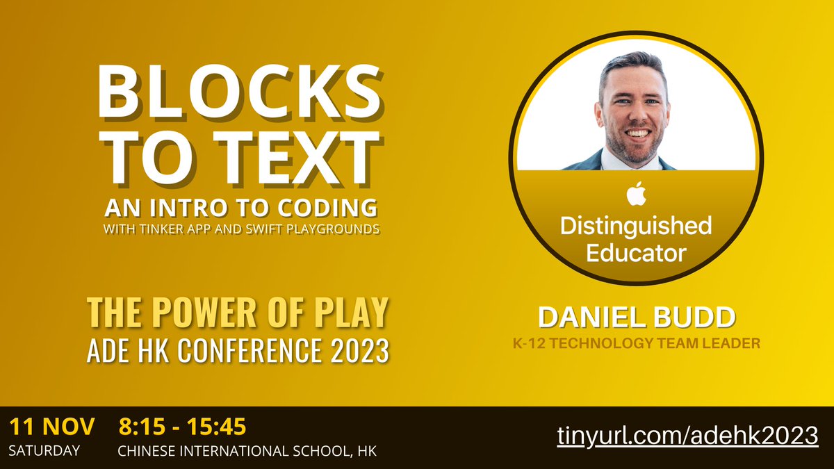FutureLearnHK's tweet photo. We are thrilled to have @DanielbBudd share his expertise in a session on coding in Tinker and #SwiftPlaygrounds!

Learn more about his session here:
https://t.co/tEkHrq2JZ8

#ADEHK2023 @AppleEDU #AppleTeacher #EveryoneCanCreate #ADE2023 #EveryoneCanCode https://t.co/mCJsKTU5Zj