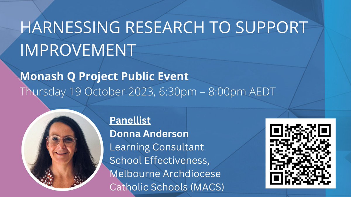MonashQLab's tweet image. Meet Donna Anderson @MelbCathSchools 🎆
A former school teacher for over 15 years, with roles including community liaison, Deputy Principal, Curriculum Coordinator, Literacy Coordinator &amp;amp; eLearning Coordinator. #UsingResearch

REGISTER FOR THE WEBINAR
monash.edu/education/even…