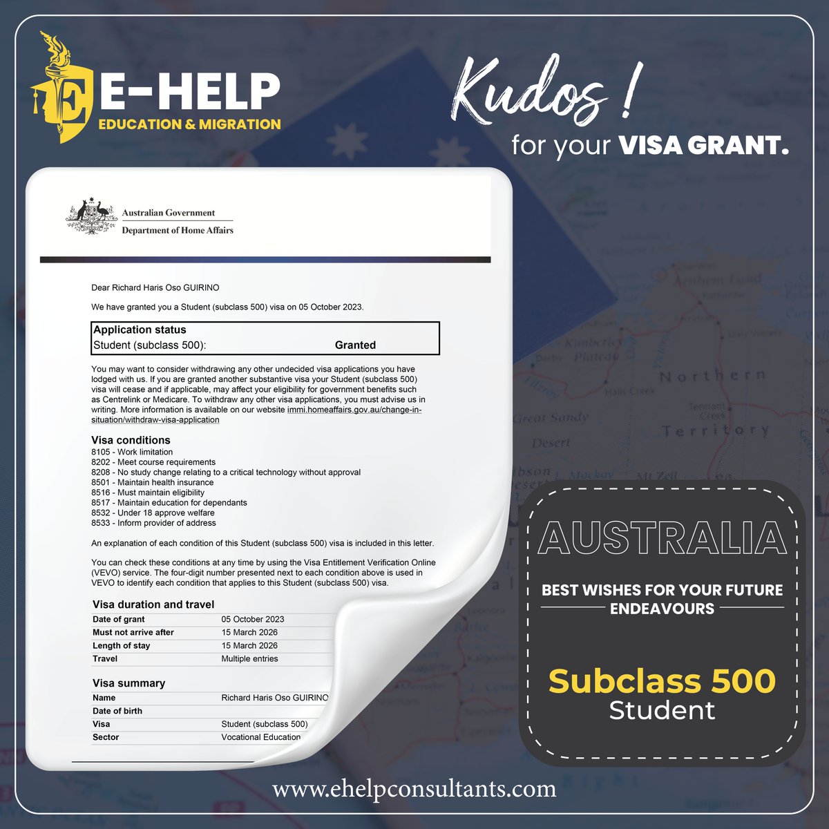EHelp_education's tweet photo. Congratulations to our clients for receiving their Student visas. (Subclass-500) 🎉🎉
🤝Contact E-help for professional assistance with your Australia student VISA.
Website: https://t.co/ZVYDP12iQj
Email: contact@ehelpconsultants.com

#SC500 #StudentVISA #StudyVISA #Australia https://t.co/pxsOkRKUIw