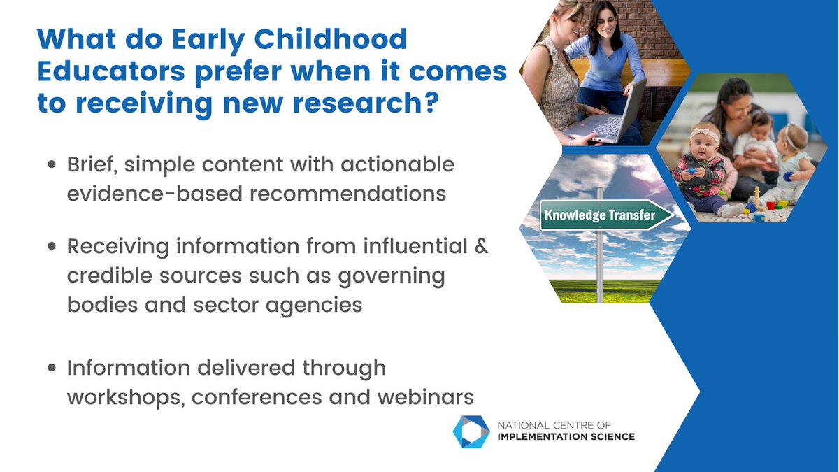 National Centre of Implementation Science (NCOIS) (@ncoisaustralia) on Twitter photo 🤔What do #earlychildhood educators prefer when it comes to receiving new research?
A new publication, led by <a href="/Meghan_Finch/">Dr Meghan Finch</a>, has explored this question with Australian educators.
Full text 👉bit.ly/3POnuHk
#knowledgetranslation #evidence 🤔What do #earlychildhood educators prefer when it comes to receiving new research?
A new publication, led by <a href="/Meghan_Finch/">Dr Meghan Finch</a>, has explored this question with Australian educators.
Full text 👉bit.ly/3POnuHk
#knowledgetranslation #evidence