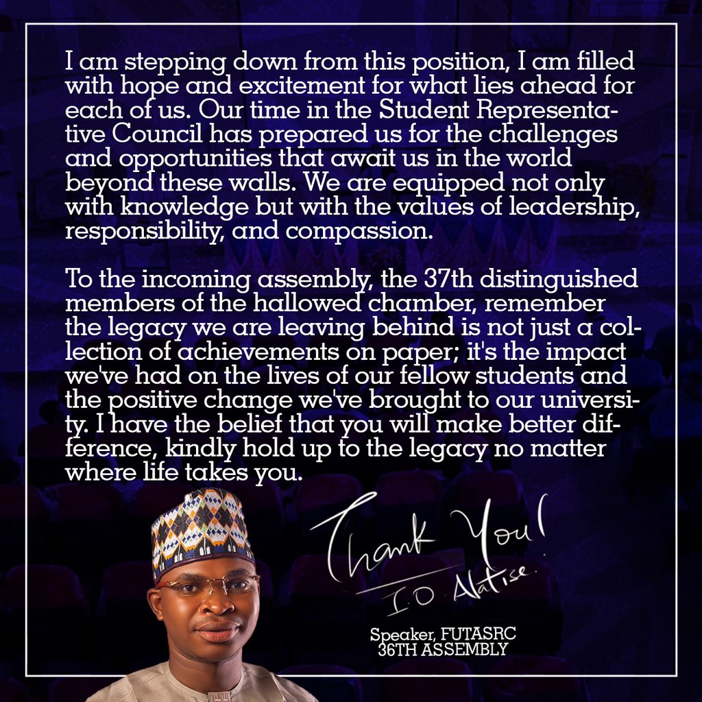 Time flies 

December 20; 2022 - October 12, 2023
It was an eventful 296-days of service to FUTARIANS and the FUTA community as a whole. 

The 36th Assembly bids farewell as we usher in the 37th Assembly for greater possibilities.