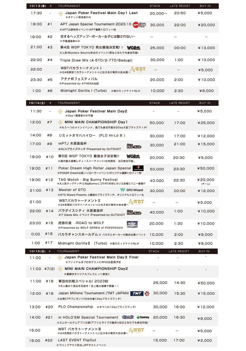 jpf_tw's tweet photo. いよいよ本日から3日間「10/13(金)～15(日)」
渋谷ヒカリエにて第5回JAPAN POKER FESTIVALが開催されます✨

▼大会スケジュール
https://t.co/4zkEcdXdWI

メイン他＃1～22まで計23個のイベントが
沢山の協力団体様と共に渋谷ヒカリエホールにて開催されます❗️

皆様にポーカーの祭典を楽しんで頂けるよう
運営スタッフ一同心よりご来場お待ちしております🙇✨

#日本から世界へ
#決戦はヒカリエにて‼️