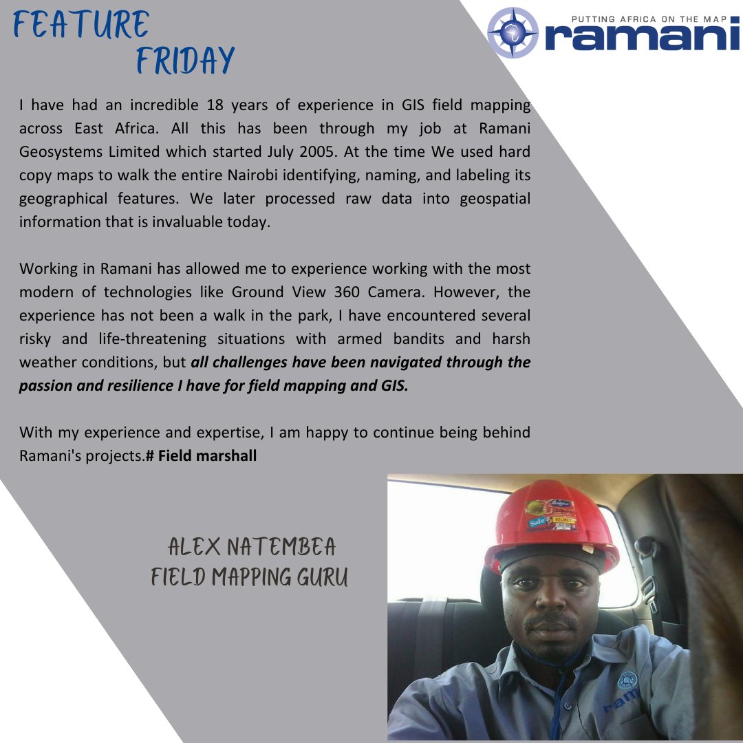 On this #FeaturedFriday, let's give it up for Ramani's Field Marshal, the incredible Alex Natembea! 🌟 'All challenges have been navigated through the passion and resilience I have for field mapping and GIS.' Kudos, Alex! 🙌🚀 #FridayFeeling #RamaniGeosystems 😄🌍