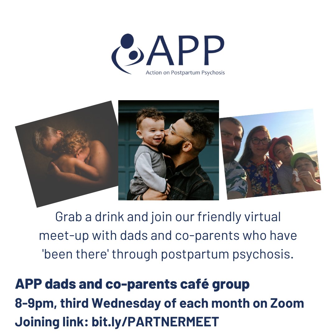 Action on Postpartum Psychosis (@actiononpp) on Twitter photo APP dads and co-parents café group
8-9pm, third Wednesday of each month on Zoom
Joining link: bit.ly/PARTNERMEET
If you would like further details for yourself or someone you feel would like to be part of this, please email Simon: simon@app-network.org APP dads and co-parents café group
8-9pm, third Wednesday of each month on Zoom
Joining link: bit.ly/PARTNERMEET
If you would like further details for yourself or someone you feel would like to be part of this, please email Simon: simon@app-network.org