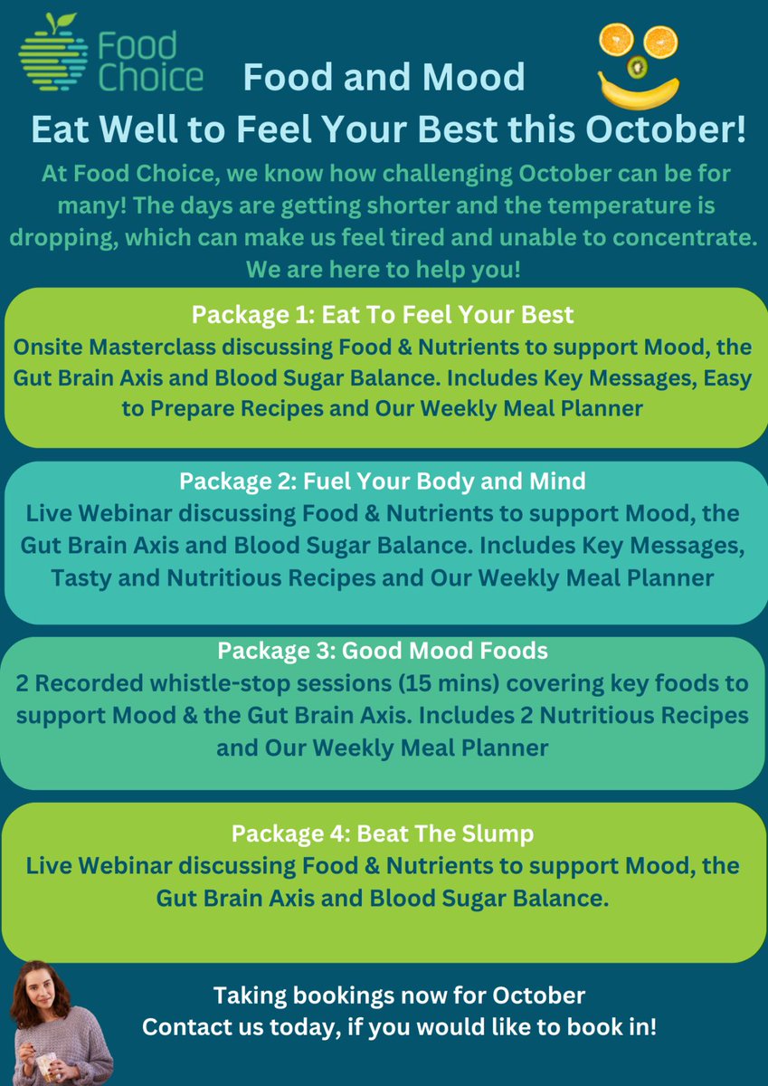 Our brain is an organ that requires nutrients to remain healthy. A balanced diet can help us to focus. Throughout October, our team of registered nutritionists and dietitians are delighted to be offering our Food and Mood Packages. Contact us today to book!