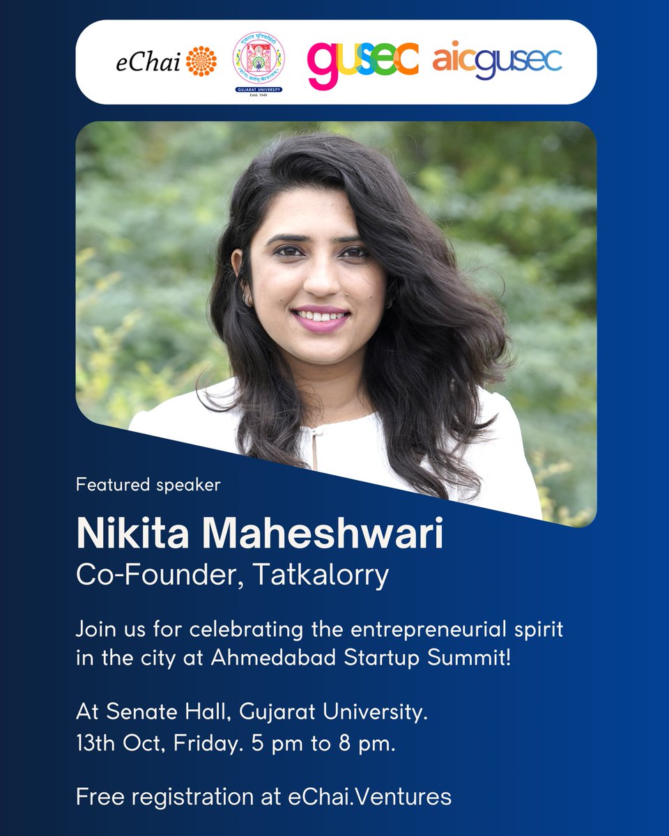 jatin10's tweet photo. .@khushladki, Co-Founder, Tatkalorry will be joining the Founders panel at 'Ahmedabad Startup Summit' to be held today (13th Oct, Friday) at Senate Hall, Gujarat University from 5 pm to 8 pm.  

Startup Demos. Founders Panel. Investors Panel.  

Free registration @ https://t.co/mYPPlQ4A7i