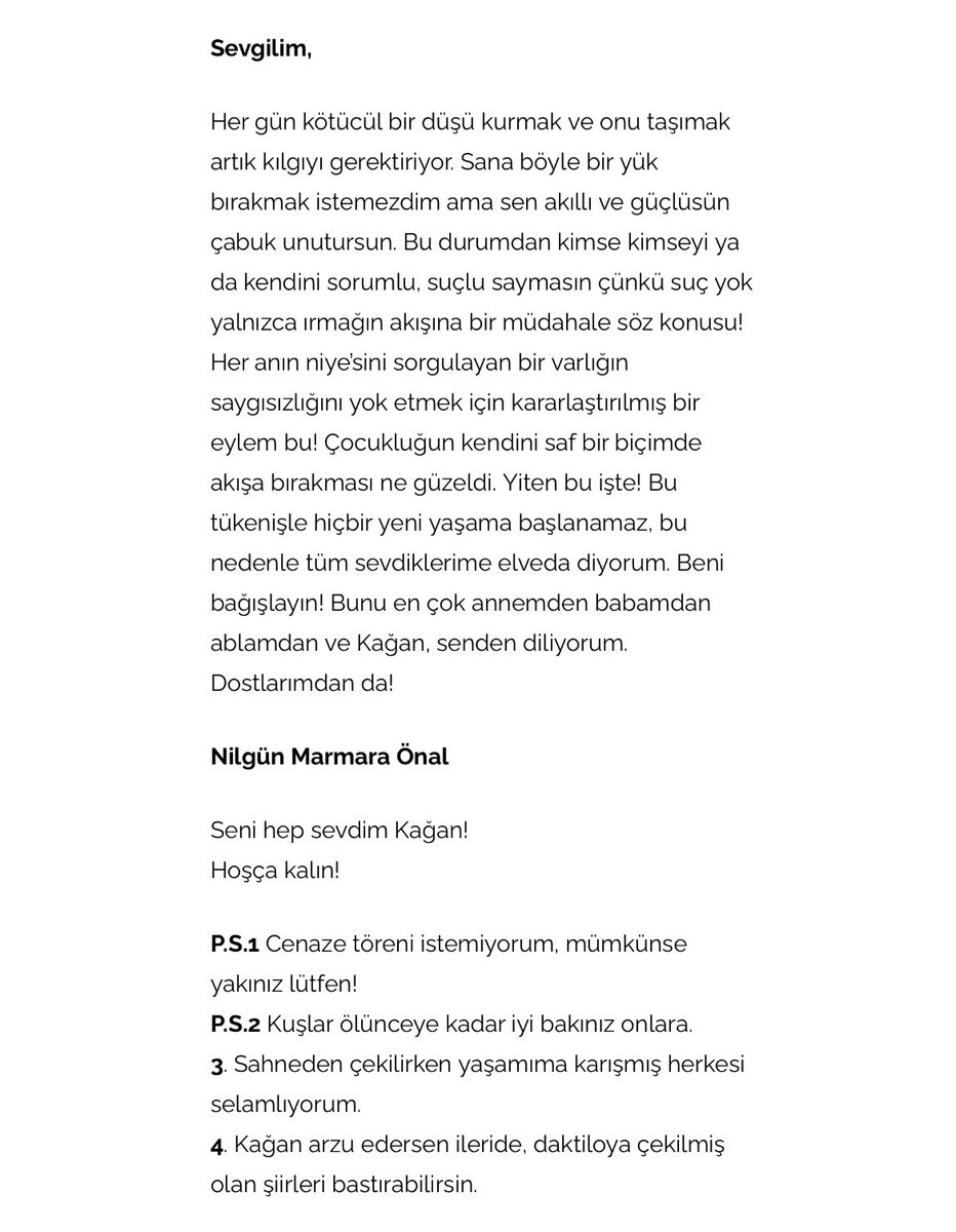 silansahinn's tweet photo. Nilgün Marmara’nın İntihar Mektubu ;

“Çocukluğun kendini saf bir biçimde akışa bırakması ne güzeldi. Yiten bu işte! Bu tükenişle hiçbir yeni yaşama başlanamaz, bu nedenle tüm sevdiklerime elveda diyorum. Beni bağışlayın!”

Varlığına sonsuz saygı ve özlemle 🤍 https://t.co/JZjkF4u4HQ