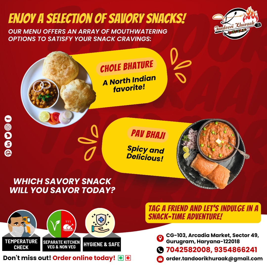 Enjoy a Selection of Savory Snacks!! Our menu offers and array of mouthwatering options to satisfy your snack craving.. A north indian favorite #choleybhature and Spicy and delicious #pavbhaji

Call/ Whatsapp to place your orders:
📞at 7042582008, 9354866241

#fooditems #street