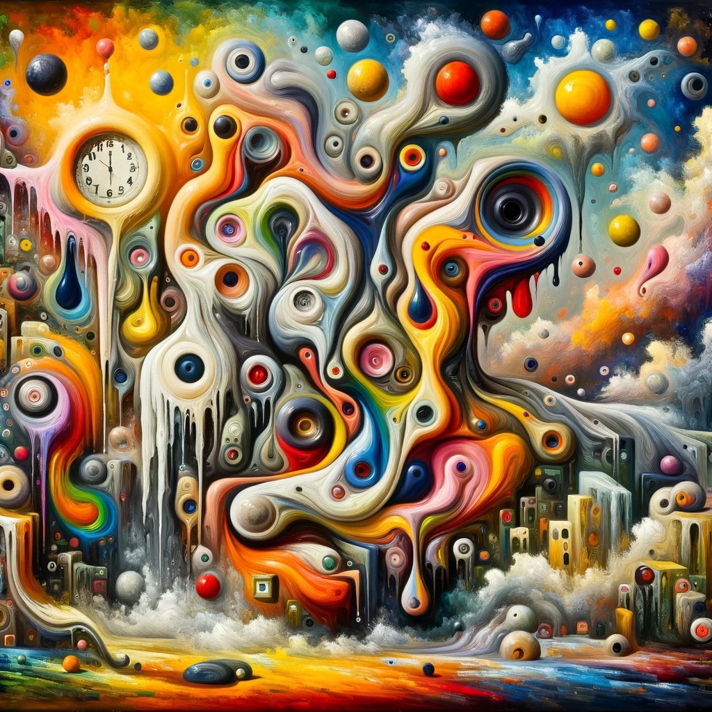 AI_Authentic's tweet photo. 🎨 Just witnessed a mesmerizing blend of #Dali's surrealism and #Miro's abstract flair. It's like 'The Persistence of Memory' met vibrant splotches in a dreamlike dance. An invitation to explore time, memory, and imagination. Art truly knows no bounds! 🖌️✨ #ArtFusion #Dreamscape https://t.co/TYJfxB5bzt