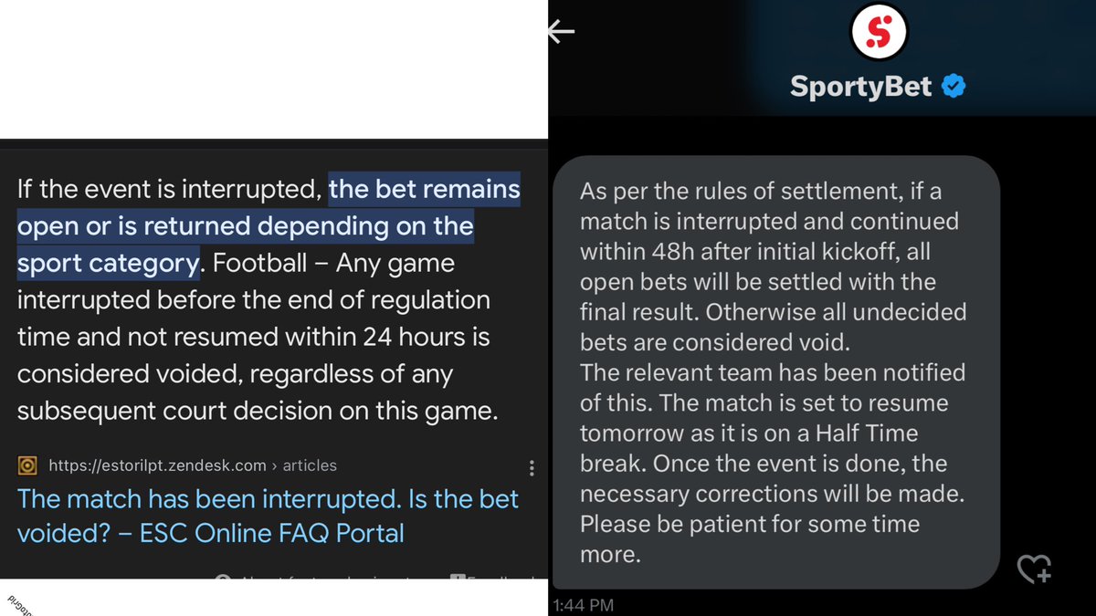 OfficialOzee's tweet photo. It’s been 24hours and counting which according to interrupted gaming rules @SportyBet is to issue a payment on my bet. SportyBet said their own rule is 48hours whereas they have fraudulently marked the game LOST! they do this all the time but most people don’t pay attention. 🛑 https://t.co/WarOlZfKDL