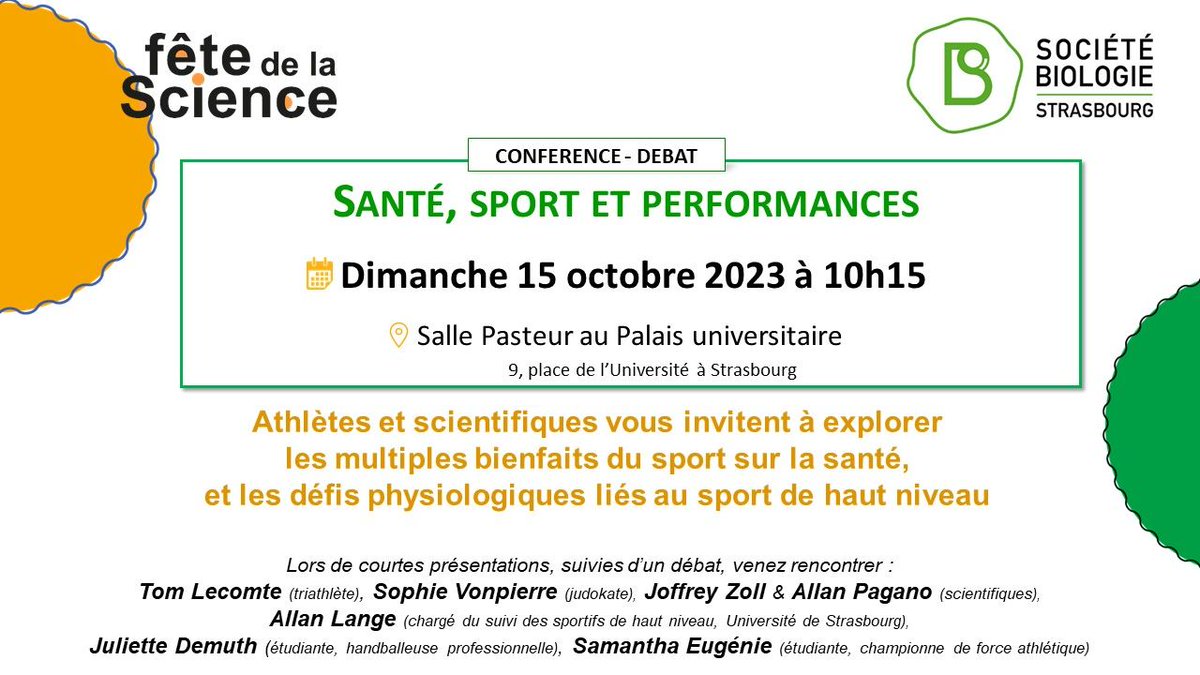 La Société de Biologie <a href="/socbiolstrasbg/">SocieteBiologieStrasbourg</a> s'engage pour la Science et le Sport ! Dans le cadre de la Fête de la Science 2023, viens échanger avec des athlètes et des scientifiques. 🏃‍♀️🧪 #Science #sport #performance #santé