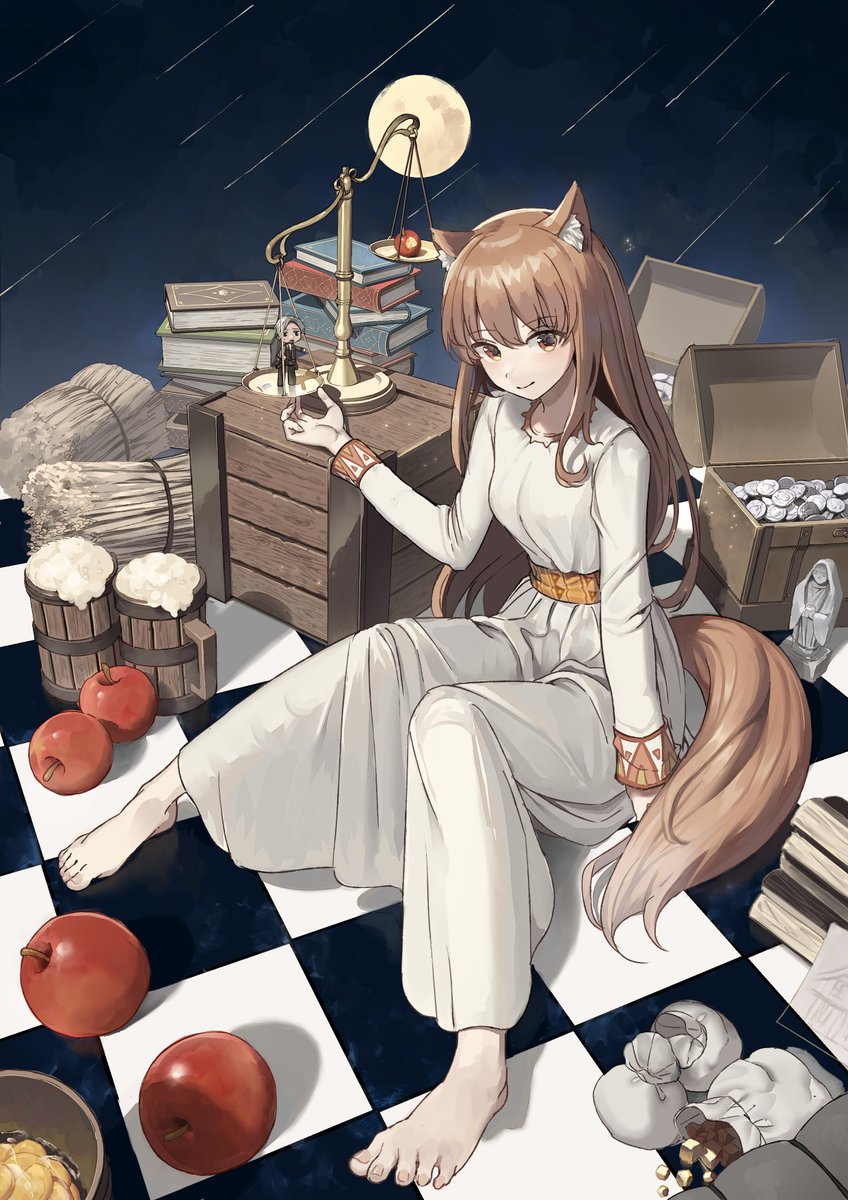 holo animal ears apple tail 1girl wolf girl brown hair food  illustration images