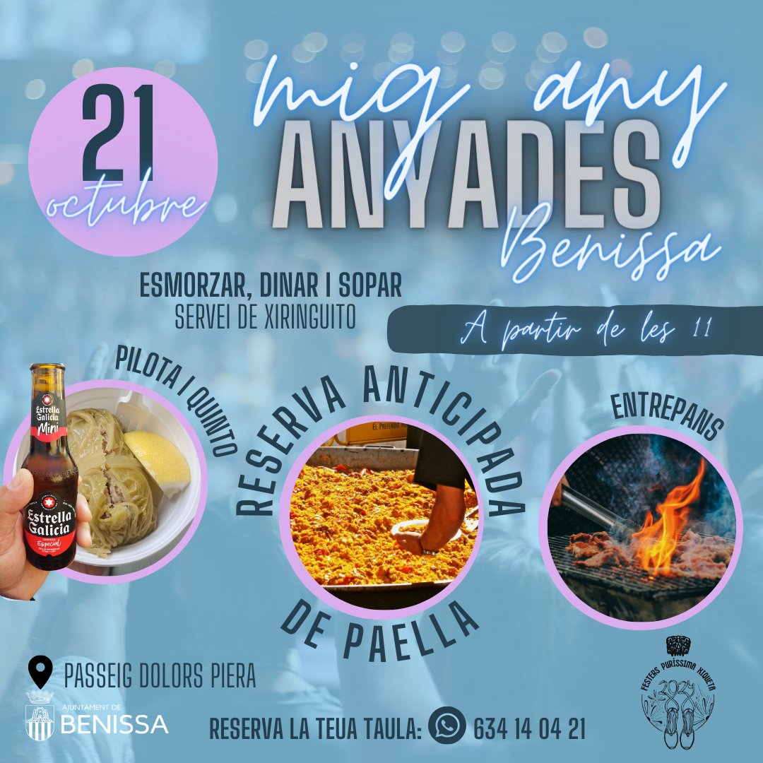 festerspx24's tweet photo. 🍽️🎉 MIG ANY D'ANYADES!! Des de les 11 del matí: entrepans per a esmorzar 🥪, "pilota i quinto", per a dinar podràs triar entre PAELLA 🥘 feta pels #FPX24 o els nostres entrepans 🥖🥪 d'embotit durant tot el dia. 
Reserva el teu plat de paella: 634140421 i la teua taula! https://t.co/MHZWUvIs9r