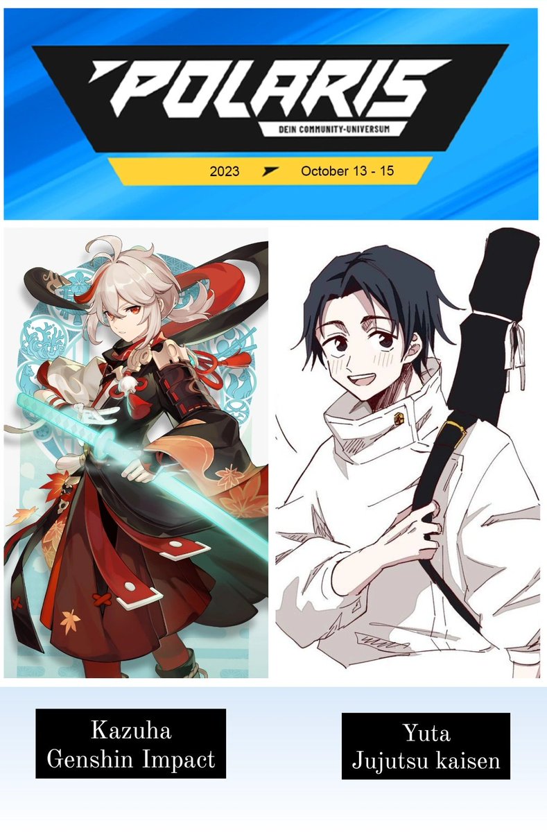 Heyho!
Dieses Wochenende ist die Polaris und ich bin auch da! ☺️
Werde dort als Yuta  aus Jujutsu Kaisen und Kazuha aus Genshin Impact cosplayen also sagt gerne hallo. 🐸
Würde mich freuen! ❤️