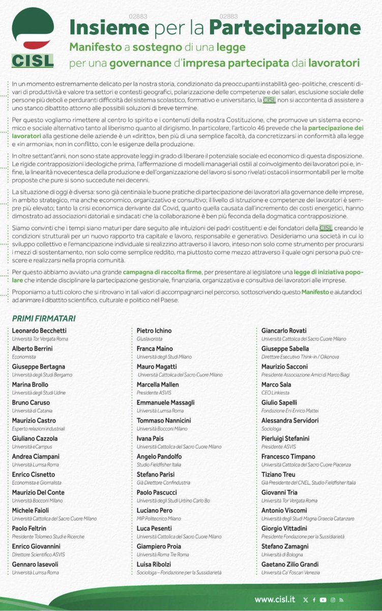 CislNazionale's tweet photo. INSIEME PER LA PARTECIPAZIONE
“Manifesto Cisl” a sostegno di una legge per una “governance” d’impresa partecipata. 
Tra i primi firmatari 40 economisti, giuslavoristi ed intellettuali. 
Oggi e domani la “Festa della Partecipazione” 
#unpostoaltavolo
https://t.co/v7RZvCbDai https://t.co/CoJkSOKLXH