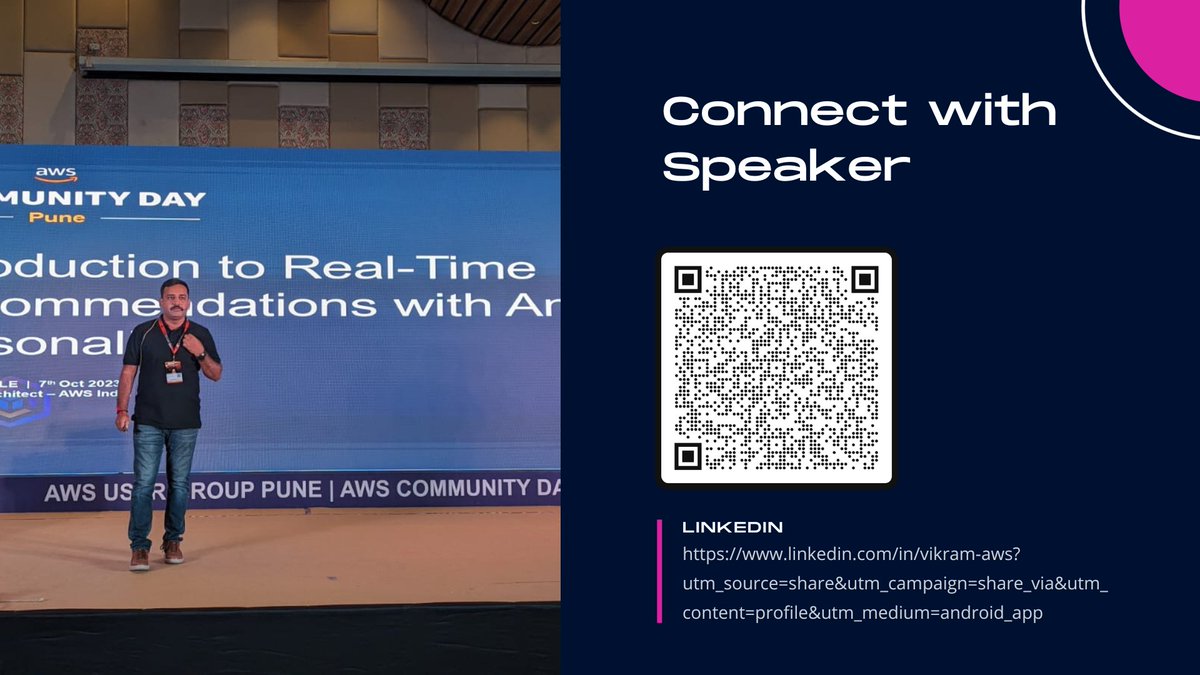 AwsPune's tweet photo. π Vikram Shitole's session on 'Introduction to Real-Time Recommendations with Amazon Personalize' took attendees on a deep dive into the world of real-time recommendations.
#acdpune23 #awsugpune #aws #biggest #tech #event #awsuggroups #cloud #devops #awscommunityday https://t.co/OqKyyDM6ax
