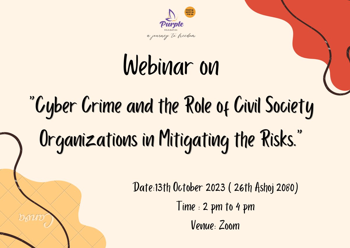 PurpleFoundatio's tweet photo. Join us today at 2 PM for a webinar on "Cyber Crime and the Role of Civil Society Organizations in Mitigating the Risks." Don't miss this opportunity to learn and engage with experts in the field. Message or DM us now to get the Zoom link and password. https://t.co/aXWzIKZA55