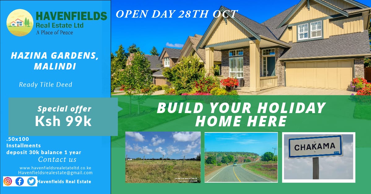 Faithmwend16512's tweet photo. 19 DAYS remaining
Hazina Gardens, Malindi Open Day
Jaza Bus twende malindi
we have special offer of KSH 99K
Plots are located in Malindi Chakama
800 meters off Tarmac
Installments
Deposit 30k balance 1 year
For more information call 0745262632...
#Havenfields #hazinagarden https://t.co/WWieeimVp1