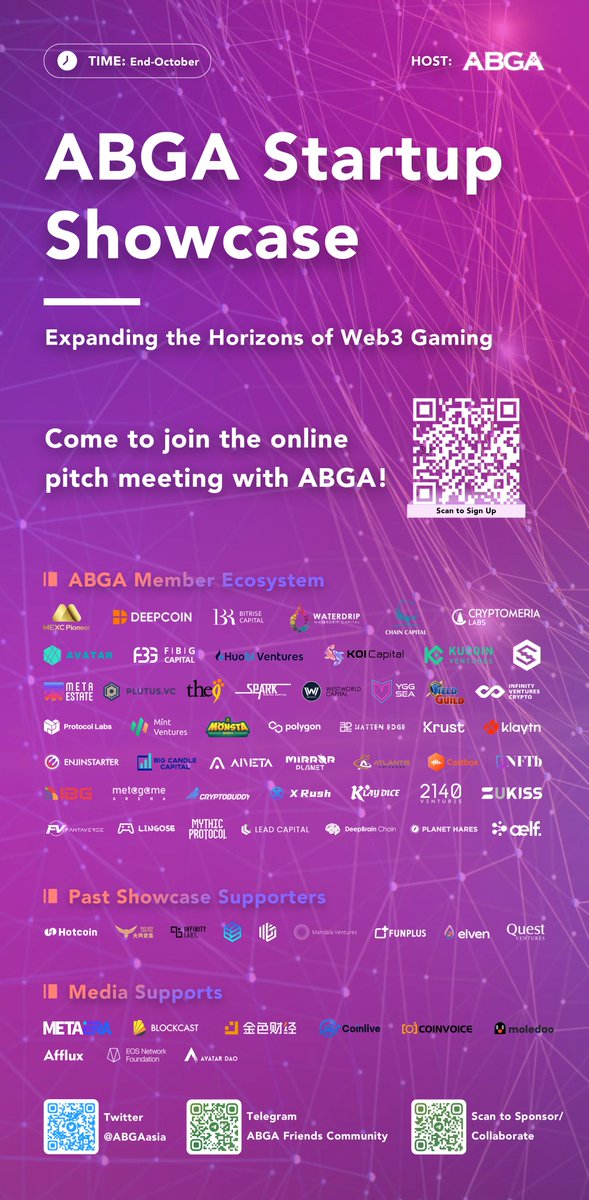 🔥October「#ABGA Startup Showcase」project registration starts! 🔗Deeply link to industry institutions and investors, Expanding your horizon of #Web3 gaming #gamefi #metaverse #NFT