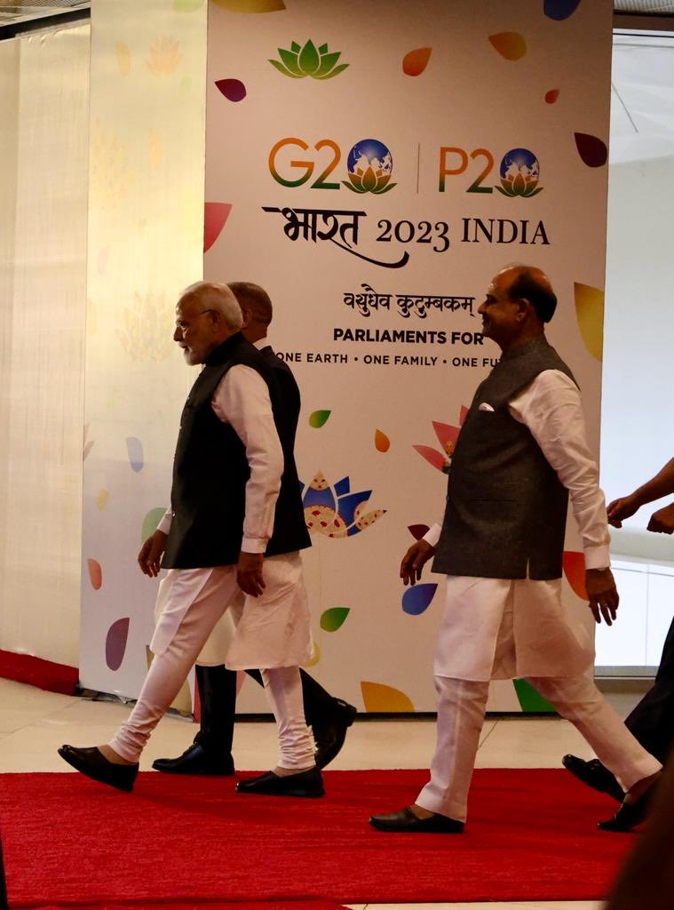 PM Narendra Modi with Speaker Om Birla and Duarte Pacheco President Inter Parliamentary Union(IPU) looks on during the opening of the Parliamentary P20 Summit at Yashoobhoomi, New Delhi, October 13, 2023. Express photo by Renuka puri