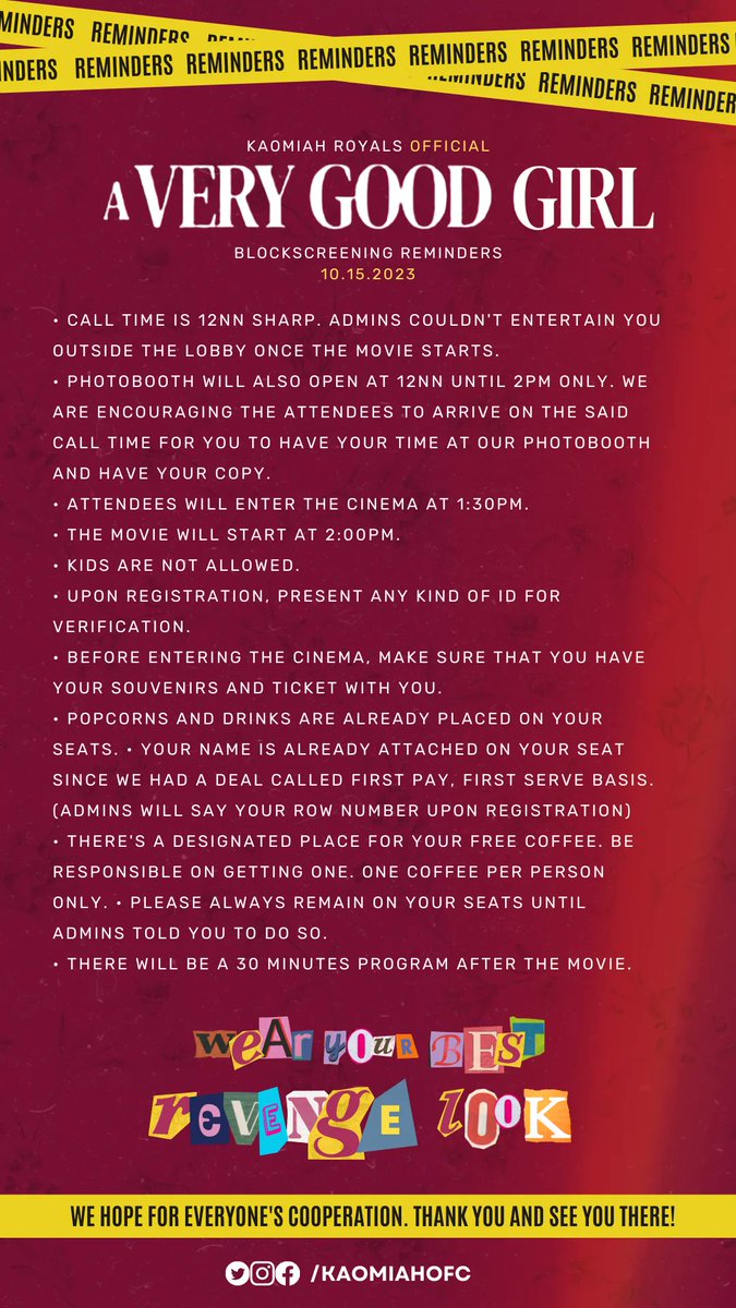 📌 REMINDERS AND FULL DETAILS FOR THE BLOCKSCREENING

Hi, attendees! Please be reminded of the following specially the time schedule. Kitakits sa October 15! 🧡

#AVeryGoodGirl #KaoMiahRoyals #KaoMiah