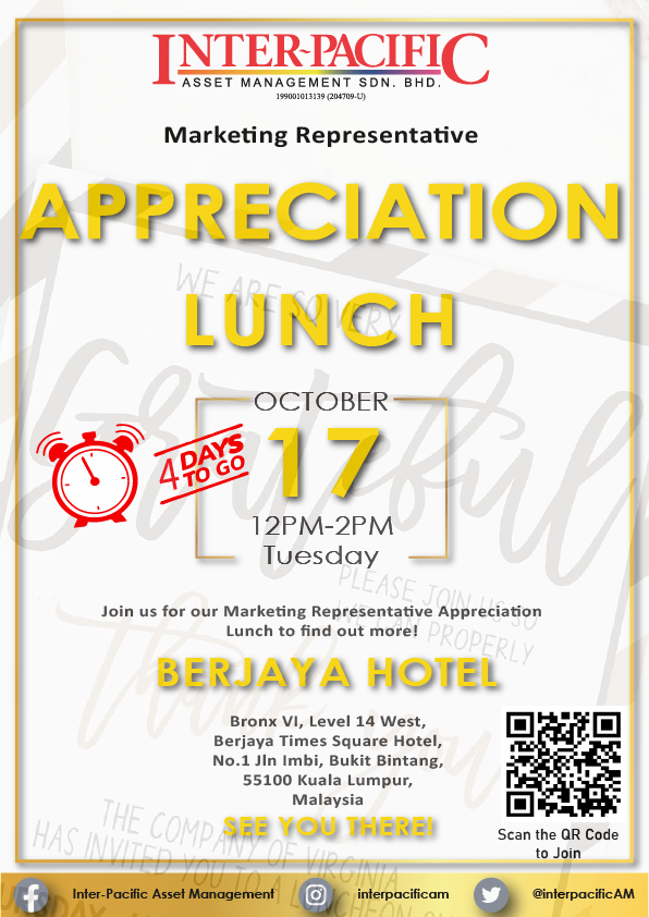 interpacificAM's tweet photo. 4 days to go a MR Appreciation Lunch! Register now for our physical event with DDNK. To find out more, please refer to details as below. Limited slots are available. Register now via: https://t.co/IsuFfTfy4a and block your calendar and see you there!
#interpacasset#IPAM https://t.co/xcmpKrrh5R