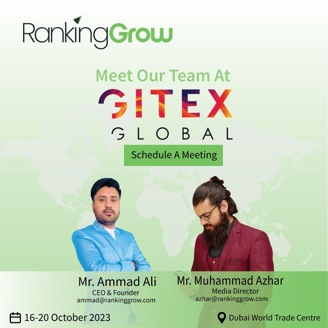 RankingGrow's tweet photo. Excited to announce our presence at @gitex_global!
Connect with us to schedule a meeting! 

#GITEX #Rankinggrow #sceduleameeting #techconference #seeyousoon https://t.co/L1dw7zLzIc