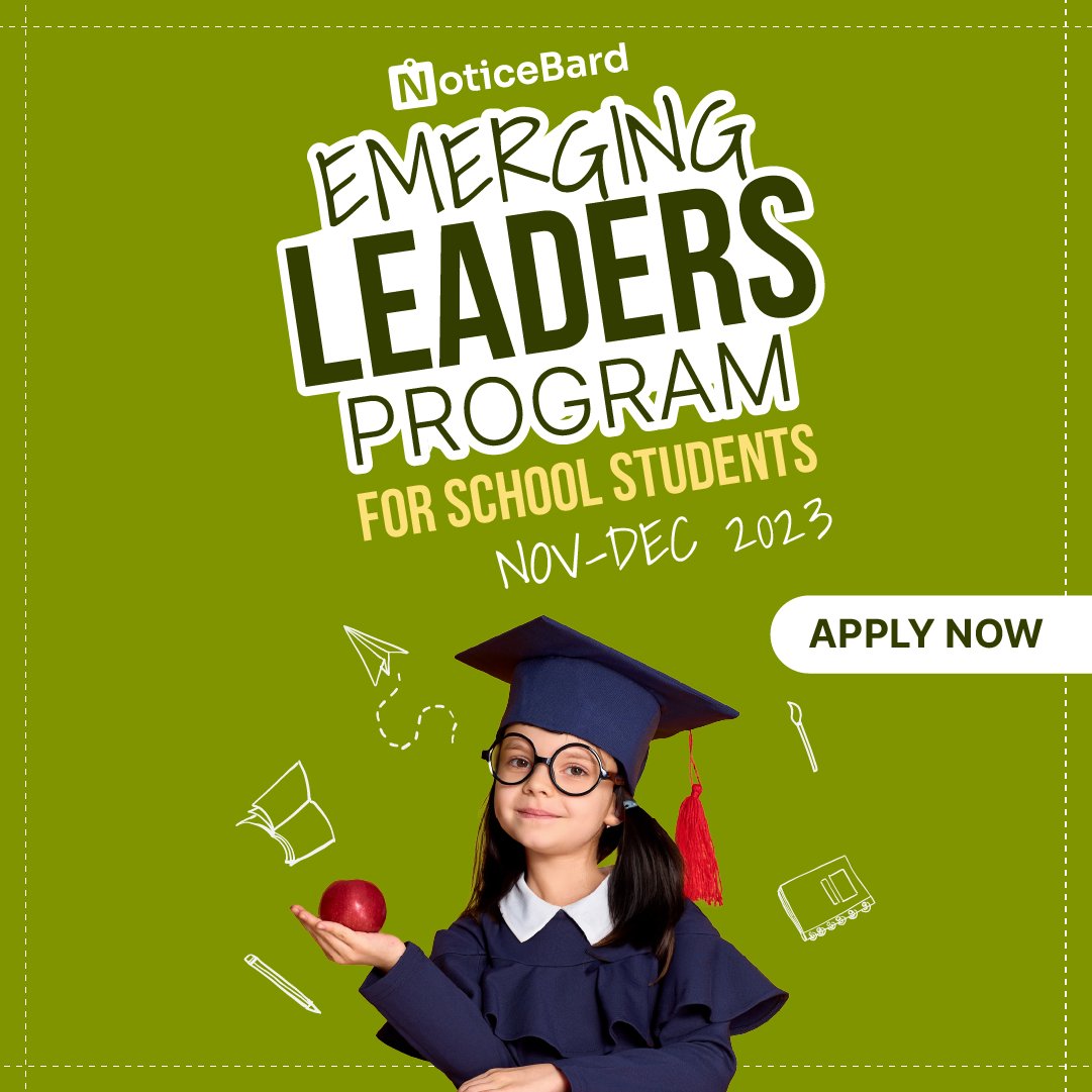 noticebard's tweet photo. 🚀 NoticeBard Emerging Leaders Program 2023 for School Students: Learn, Earn, and Grow! [Nov 1-Dec 31]: Apply by Oct 20; Earlier is Better!

📖 Read in detail here: https://t.co/ZFNS29iH5r. https://t.co/8HgKuOnlQh