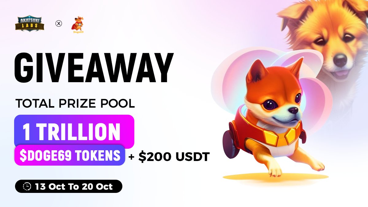 AkatsukiLabs's tweet photo. ⚔️ Akatsuki Labs x @doge69fuck

🎁 Total Reward Pool 1 Trillion $DOGE69 Tokens + $200 USDT

To Enter - 
1️⃣ Follow @AkatsukiLabs &amp; @doge69fuck
2️⃣ ❤️,RT &amp; Tag 3 friends
3️⃣ Finish Gleam Task 👉 https://t.co/ZyRDgdApIW

⏰ 20 October 
#Airdrop #AkatsukiLabs #Giveaway #USDT #Binance https://t.co/XPhnDld5ZB