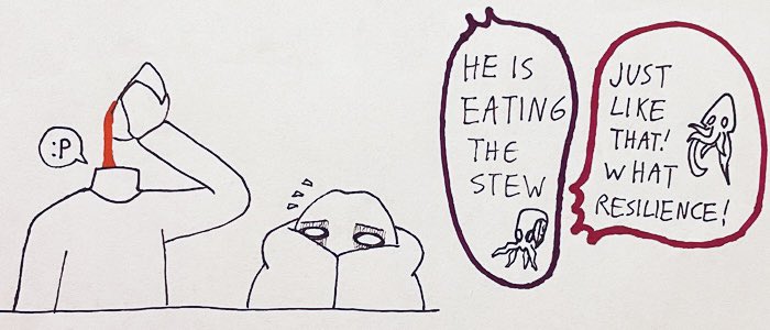 marawisdoes's tweet photo. #inktober #inktober2023 Day 12: Spicey (Part 2/2)
In retrospect, I think you wouldn't need to be an illithid to be scared of an undead guy with no head that you can't detect and who can eat the spiciest stew in existence like he was just getting water down his throat... #DnD https://t.co/HdAz75lT4T