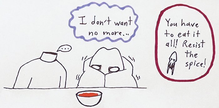 marawisdoes's tweet photo. #inktober #inktober2023 Day 12: Spicey (Part 2/2)
In retrospect, I think you wouldn't need to be an illithid to be scared of an undead guy with no head that you can't detect and who can eat the spiciest stew in existence like he was just getting water down his throat... #DnD https://t.co/HdAz75lT4T