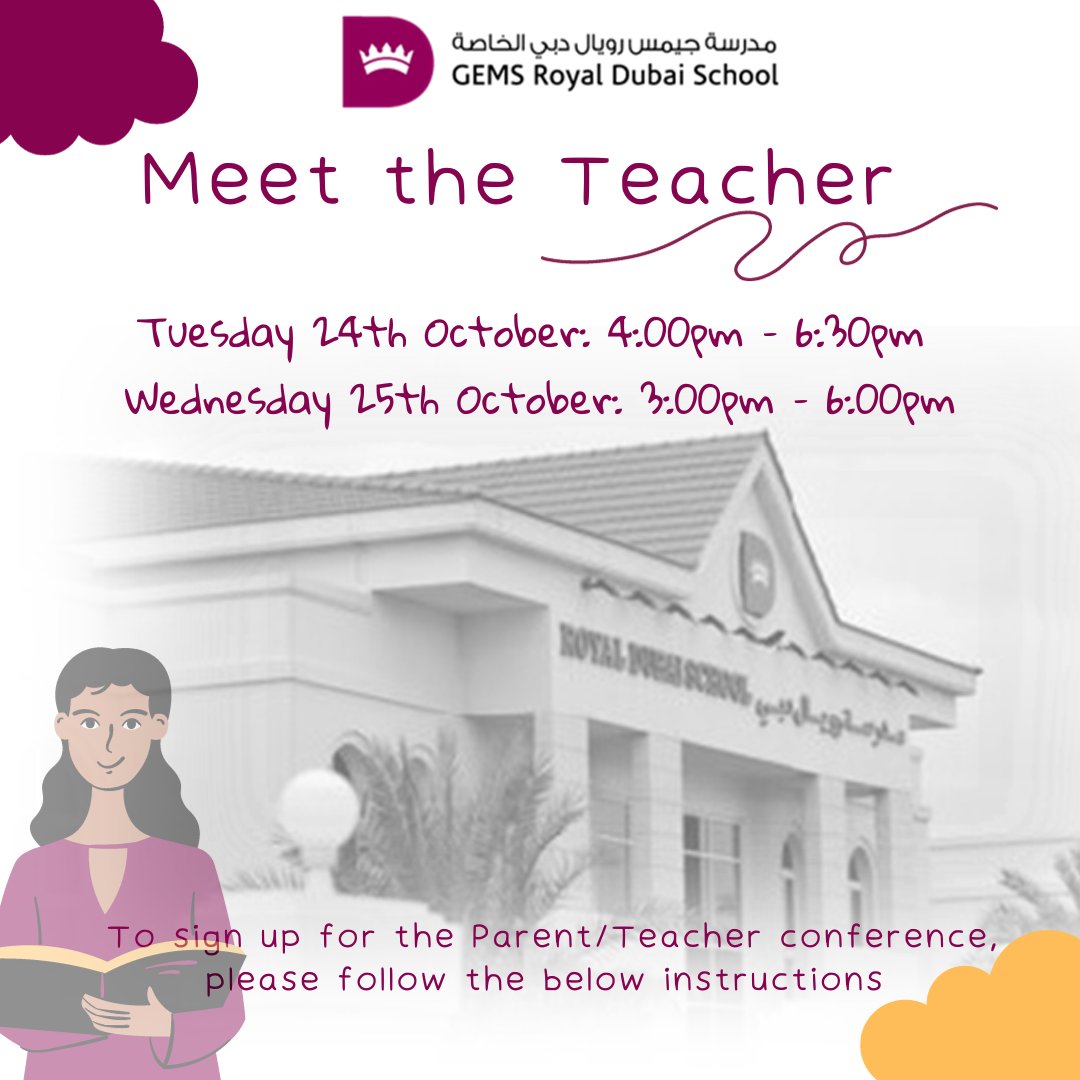 1.       Use the following link to navigate to the sign system:  …royaldubai.parentseveningsystem.co.uk 
2.       Enter your Parent Login Code, Student DOB, and the Email Address you have registered with school
4.       Click book on any available slots to make your appointment