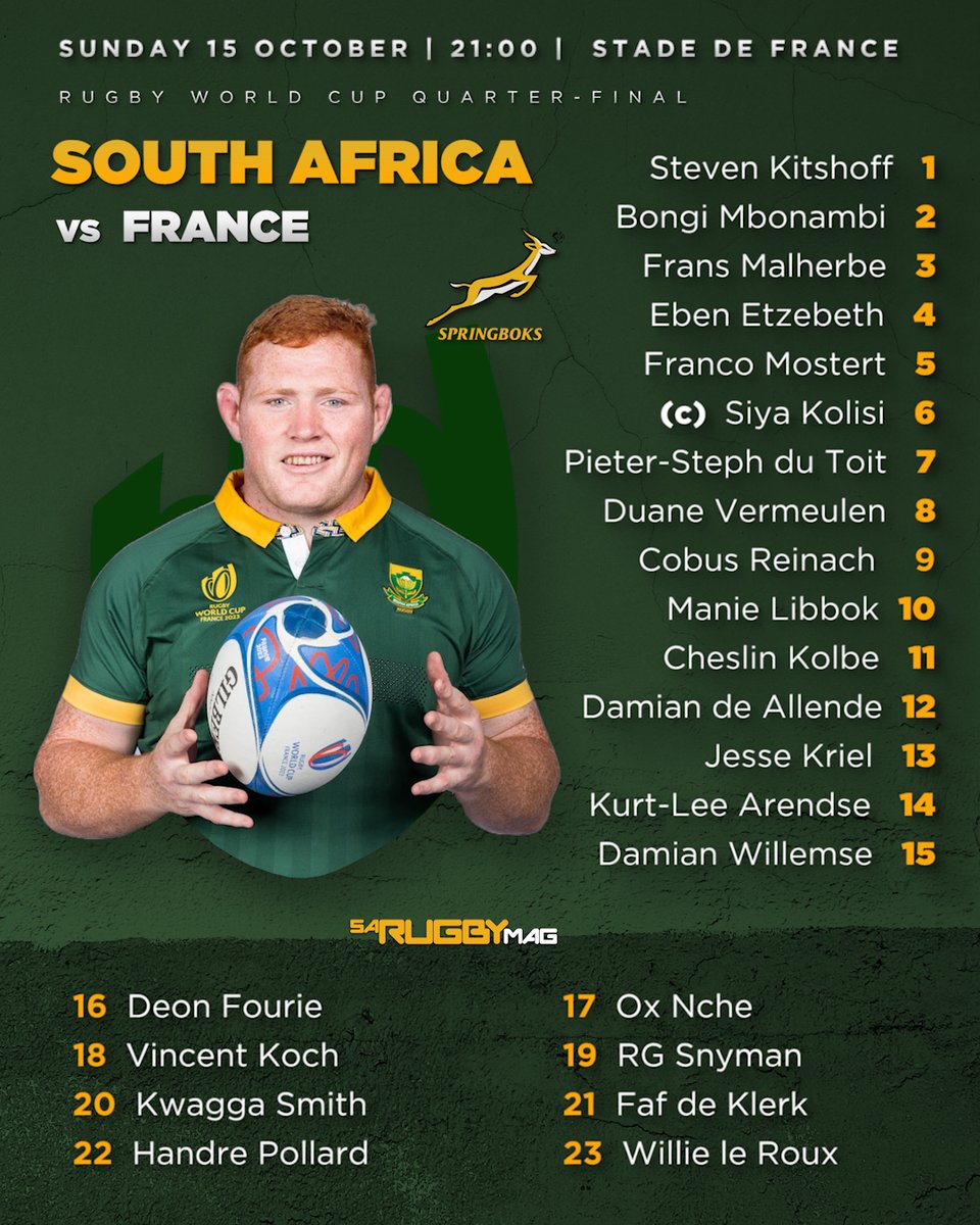 The Springbok squad for Sunday's #RWC2023 quarter-final against France.  🇫🇷 🇿🇦

#FRAvRSA