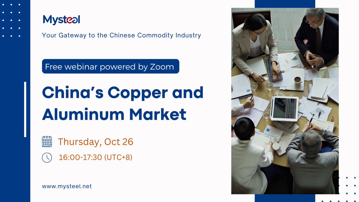 MysteelGlobal's tweet image. Mysteel's horizon is far beyond ferrous markets. Join us for a FREE webinar where our experienced analysts will unveil the latest trends, insights, and outlook on China's copper and aluminum market.

🔗 : zoom.us/webinar/regist…

#aluminum #copper #nonferrous #webinar #metal