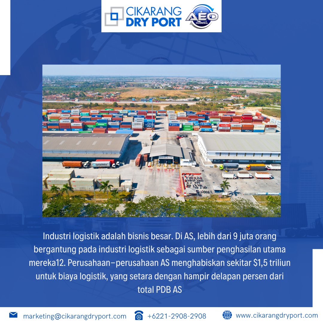 Tahukah kamu kalau industri logistik itu adalah bisnis yang besar. Tidak hanya di Indonesia, penduduk di Amerika bergantung akan bisnis tersebut.

#cikarangdryport #dryport #port #logistic #warehouse #openyard #bondedlogisticcenter #emplacement #indonesia #funfacts #tahukahkamu