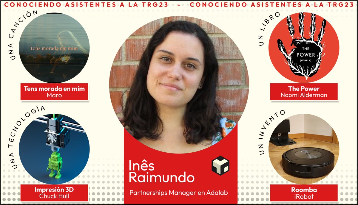 |CONOCIENDO ASISTENTES A LA #TRG23|

¡Fuerte aplauso para <a href="/agneslyra/">Inês Raimundo</a>! Del equipo de <a href="/Adalab_Digital/">Adalab</a> y con unas RECOMENDACIONES TOP para terminar la semana 👏