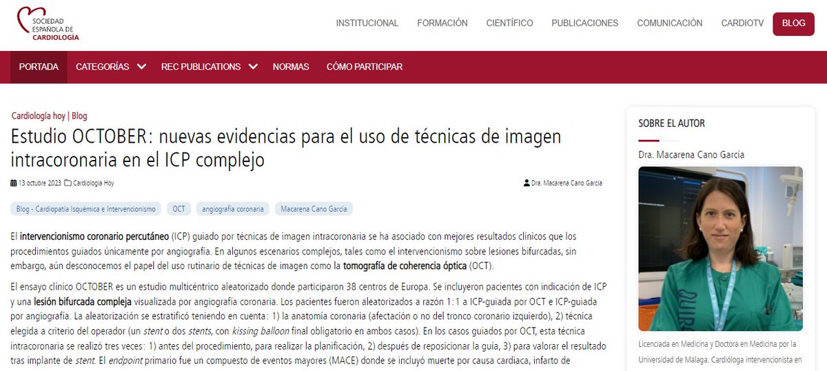 secardiologia's tweet photo. "En el OCTOBER, la ICP guiada por OCT se asoció a una disminución del MACE a 2 años, respecto a la ICP guiada por angiografía, sin diferencias en las complicaciones durante el procedimiento", destaca la Dra. Macarena Cano. #BlogSEC @jovenesSEC https://t.co/terspdu0TI https://t.co/pMjniGjPZU